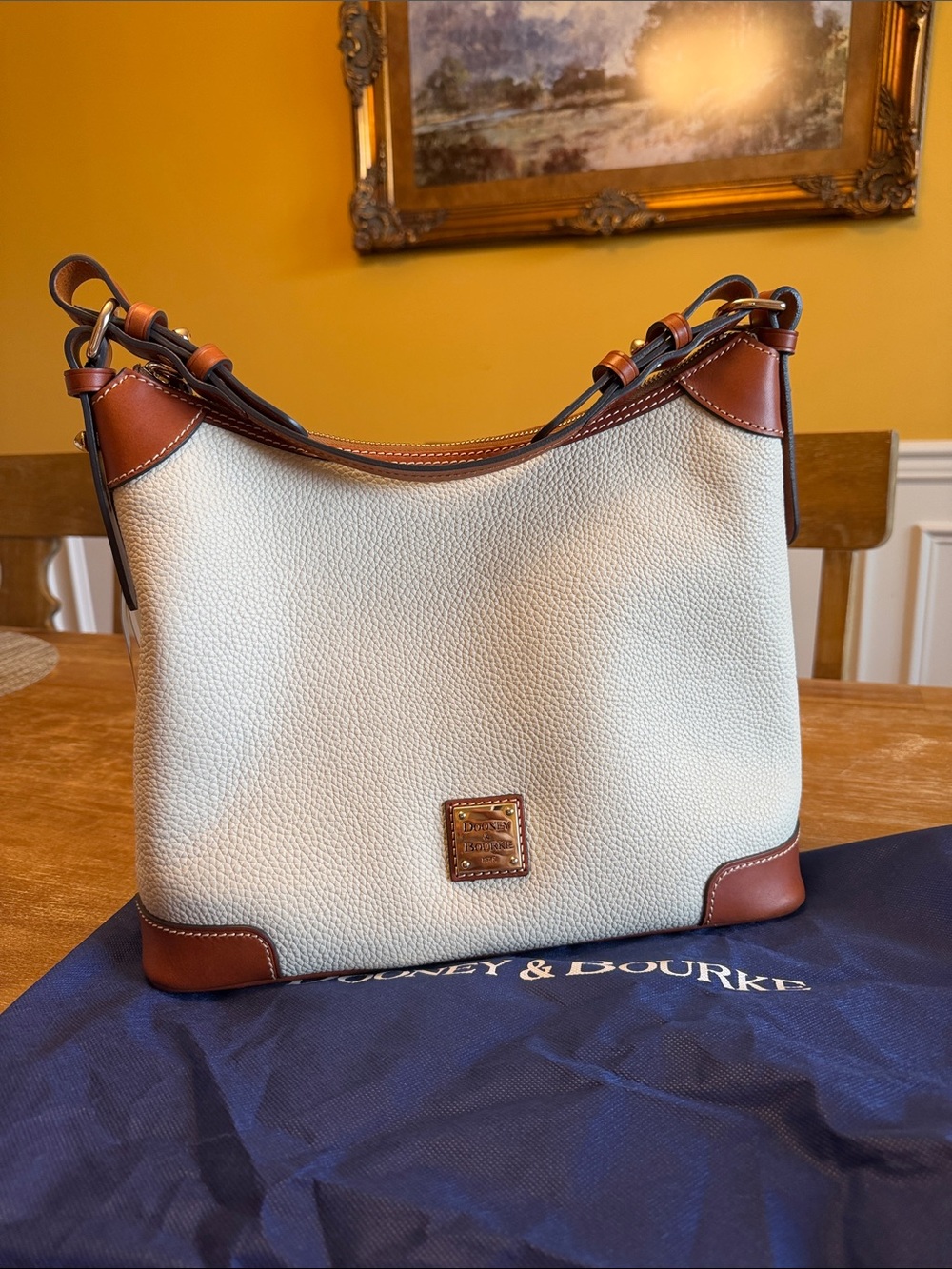 Dooney & Bourke Cream Pebble Leather Hobo Shoulder Bag with Brown Trim